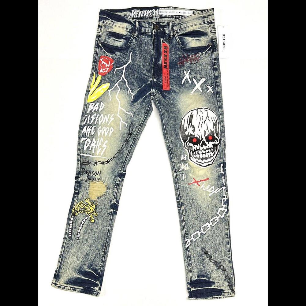 Reason Hand Crafted Denim Jeans MS-2 34x30 Bad Decisions Make Good Stories Skull